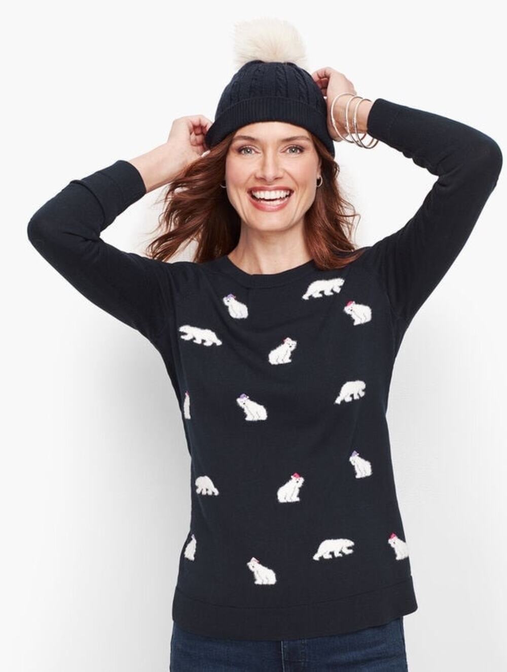 Talbots | Navy Blue Fuzzy Polar Bear Sweater Petite XS Crewneck Winter Holiday